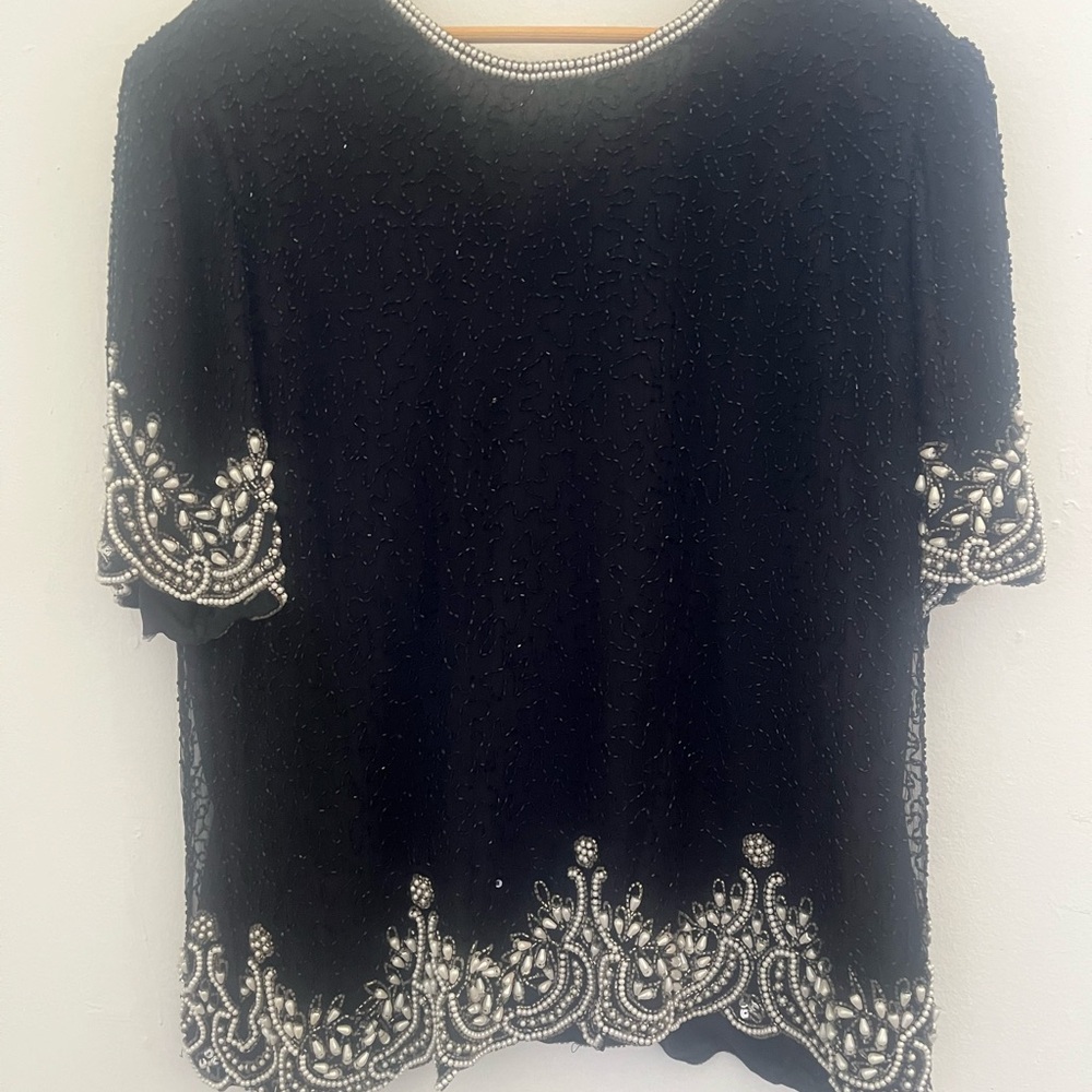 Elegant Black and White Beaded Women's Top